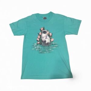 Teal Cat hand painted Graphic T-Shirt Size L
